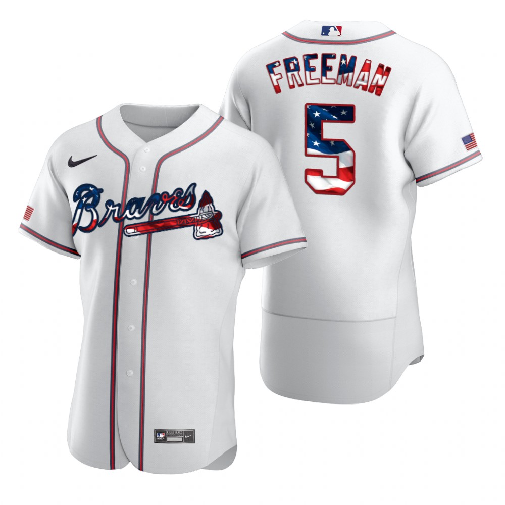 Atlanta Braves 5 Freddie Freeman Men Nike White Fluttering USA Flag Limited Edition Authentic MLB Jersey